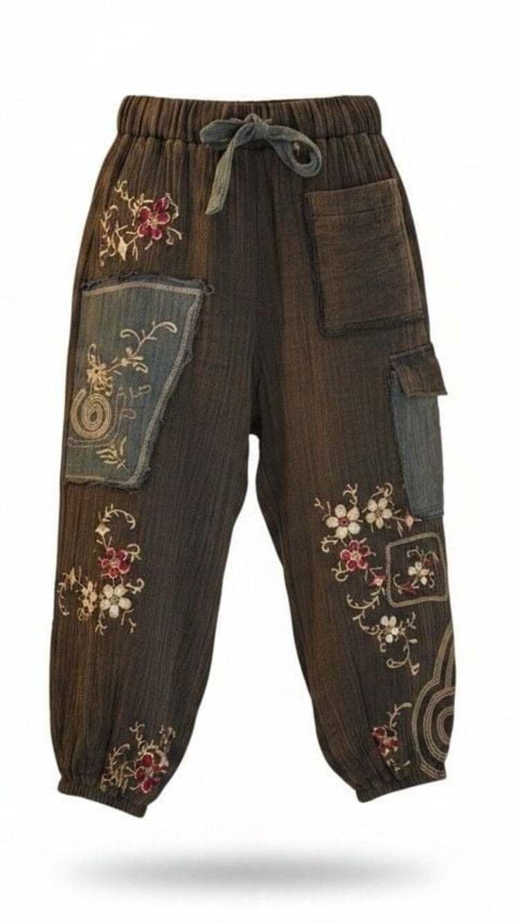 POL Kagen Embroidered Pants Small Cargo Floral Patchwork Brown